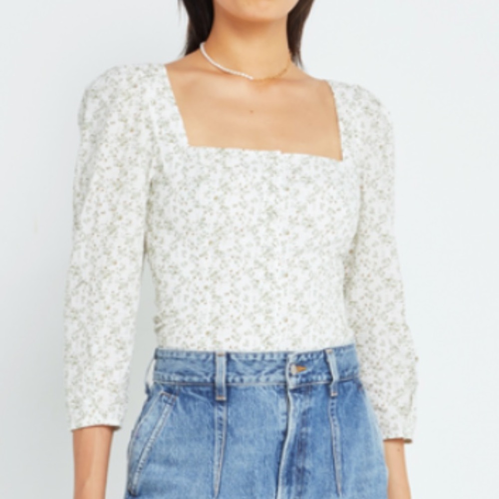 White floral blouse with button front, 3/4 length sleeves